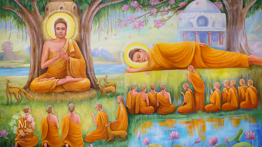 The Buddha, the tree, the Buddha and the monks.